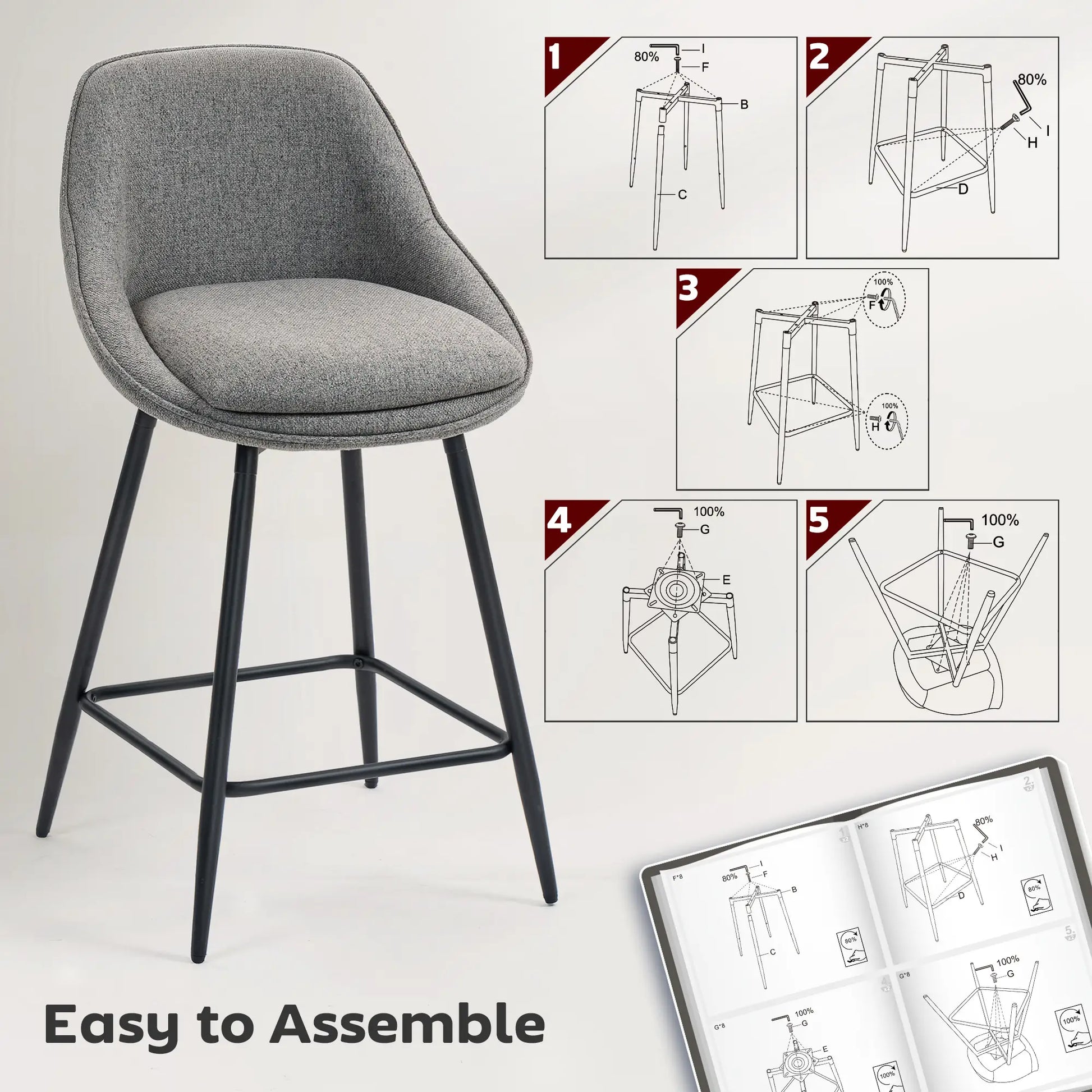 26" Counter Height Barstools Set of 2, Upholstered Swivel Bar Stools with Backrests and Armrests, Dark Grey Bar Stools at Gallery Canada