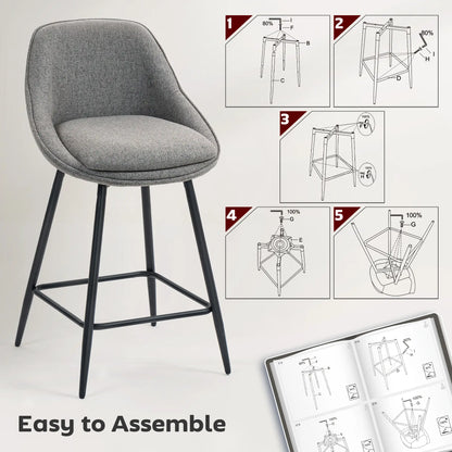 26" Counter Height Barstools Set of 2, Upholstered Swivel Bar Stools with Backrests and Armrests, Dark Grey Bar Stools at Gallery Canada