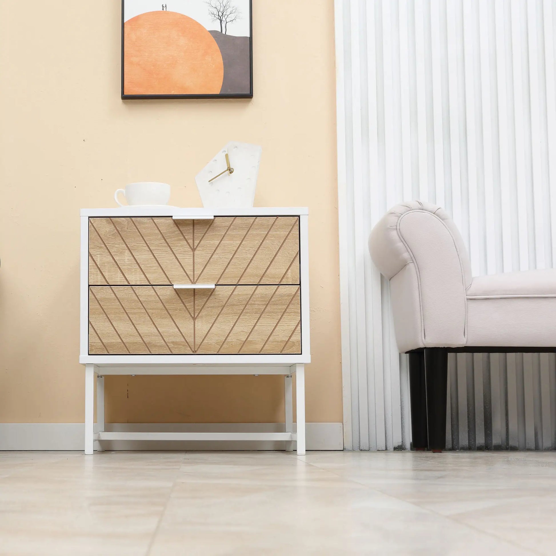 Modern Bedside Table, 2 Drawers, Steel Frame, Oak, White Bedside Tables at Gallery Canada
