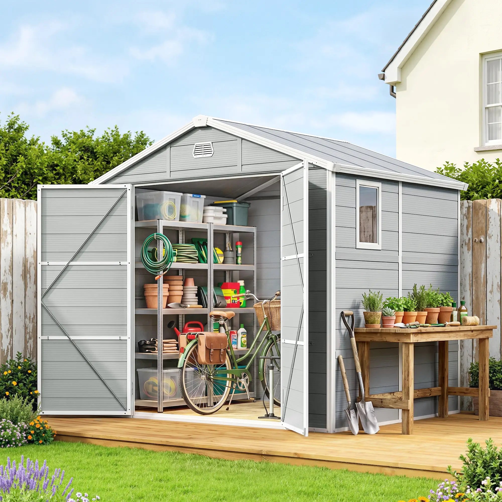 8' x 6' Plastic Garden Storage Shed, Light Grey Sheds at Gallery Canada