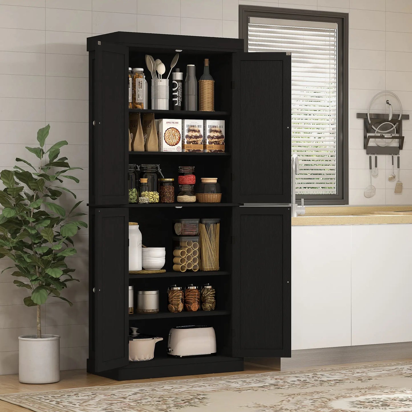 72.5" Freestanding Kitchen Pantry, 4 Doors, Black Kitchen Pantry Cabinets at Gallery Canada