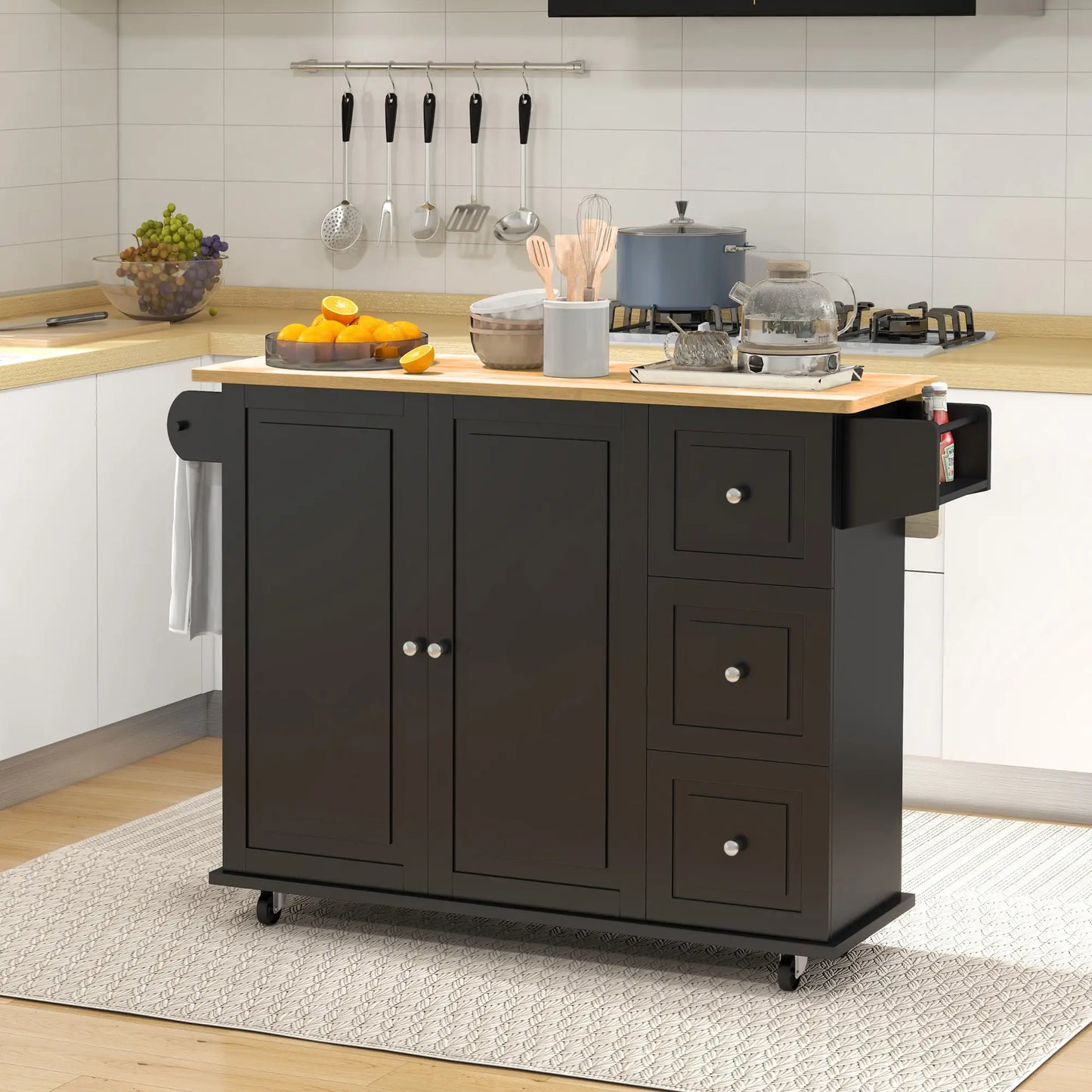 Kitchen Island on Wheels, Drop Leaf Cart with Drawers, Black