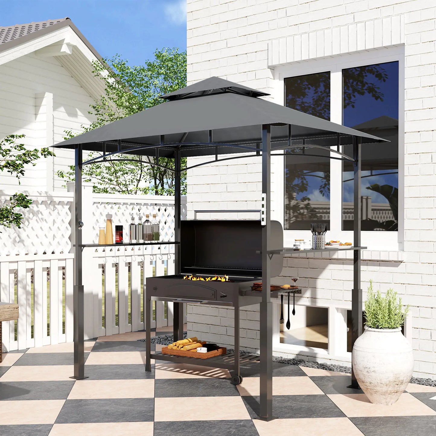 8' x 5' Grill Gazebo, Double Tiered, LED Light, Shelves, Dark Grey BBQ Grill Gazebos at Gallery Canada