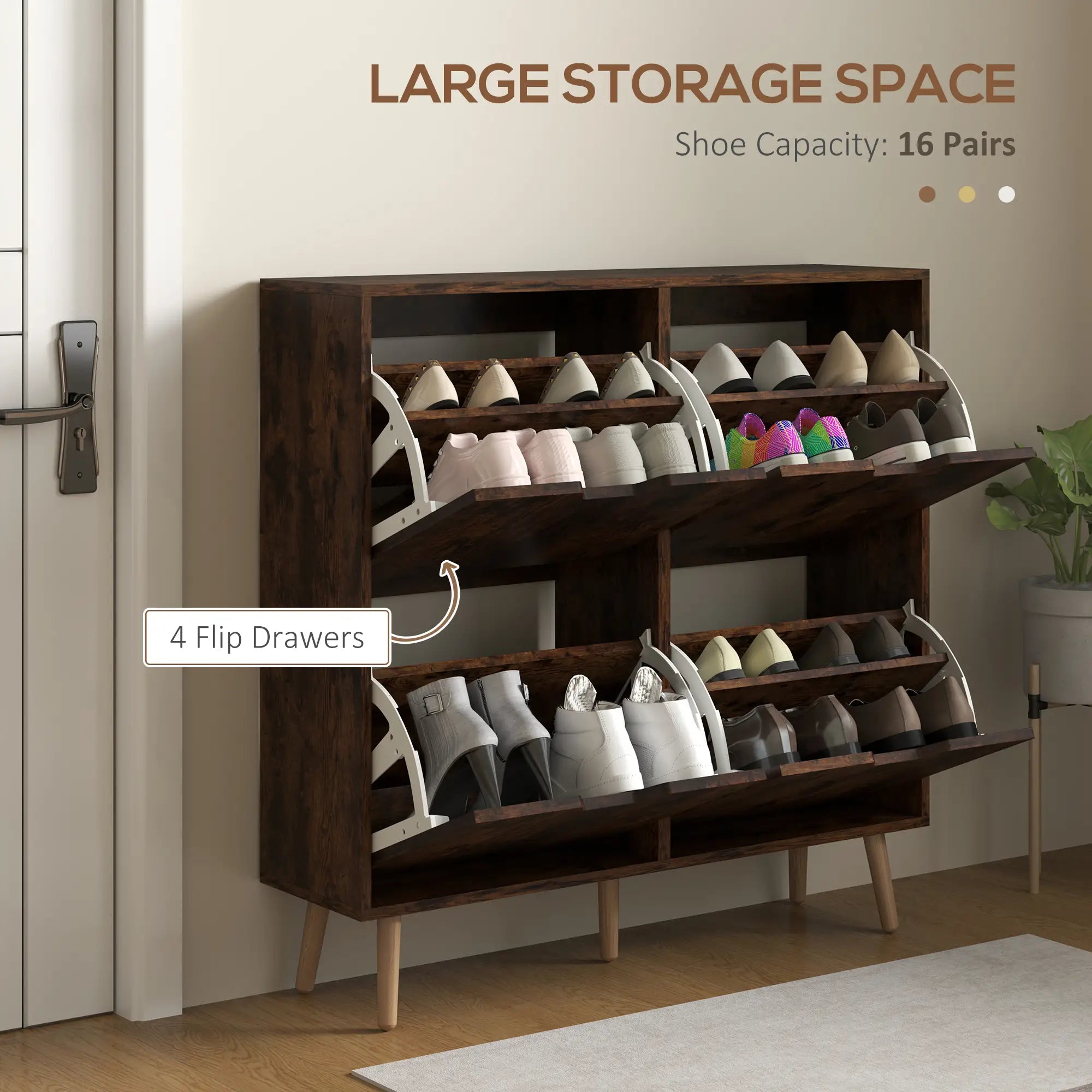 Shoe Storage Cabinet, 4 Flip Drawers, Adjustable Shelf, Holds 8-16 Pairs, Rustic Brown Shoe Storage Cabinets & Racks at Gallery Canada