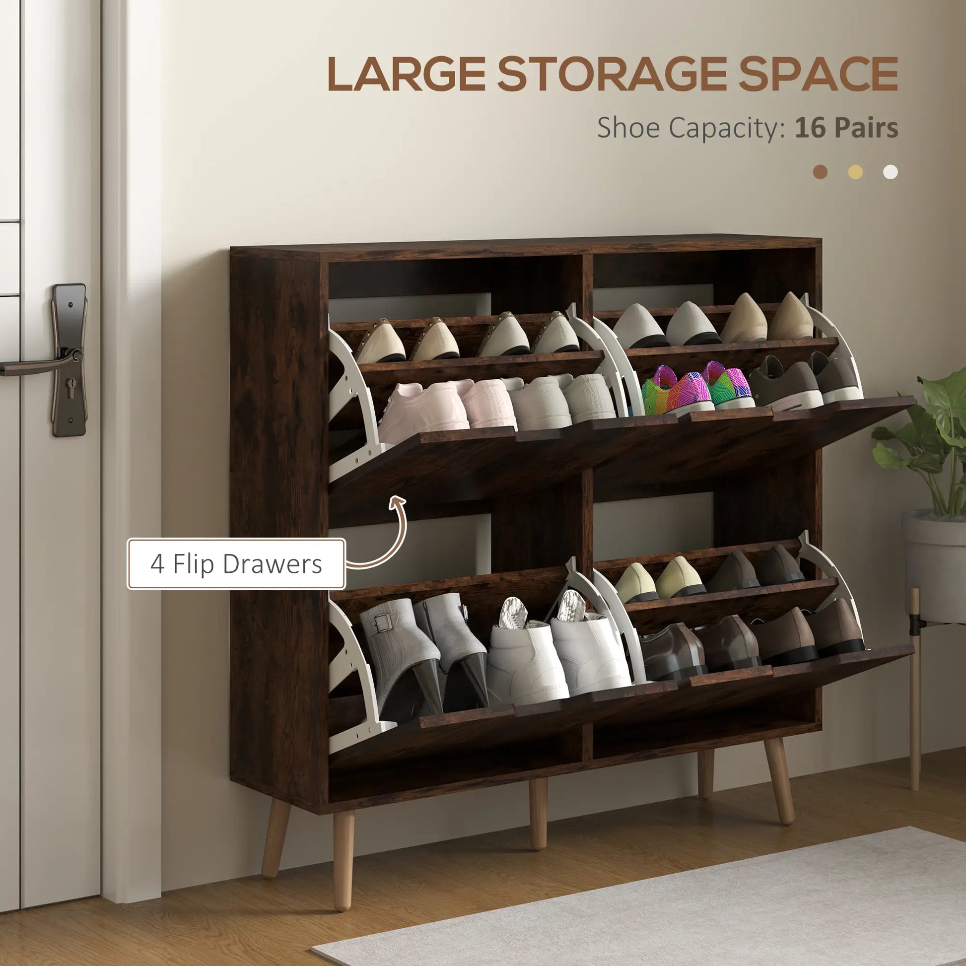 Shoe Storage Cabinet, 4 Flip Drawers, Adjustable Shelf, Holds 8-16 Pairs, Rustic Brown Shoe Storage Cabinets & Racks at Gallery Canada