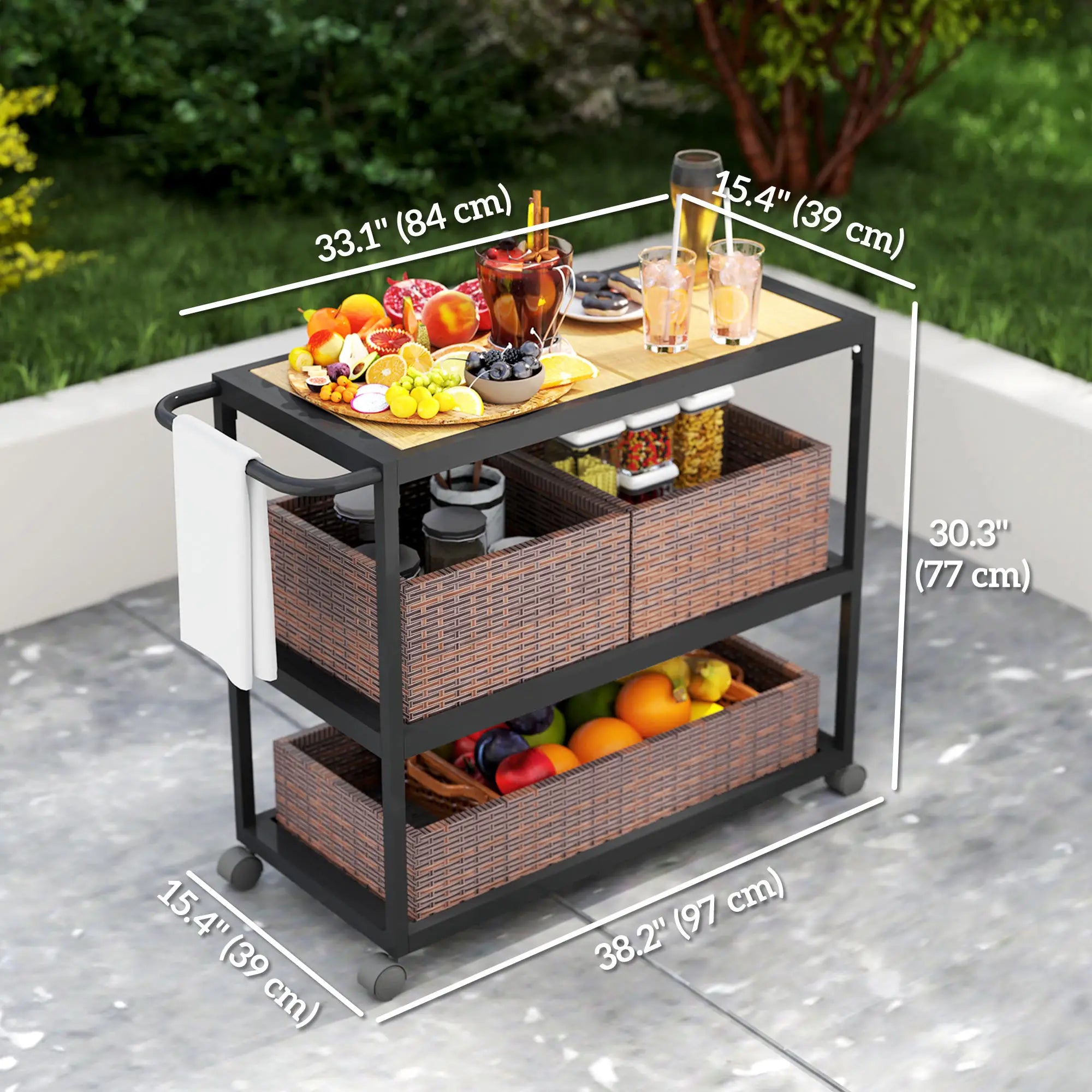 Outdoor Bar Cart, 3-Tier Rolling Cart With Removable Rattan Basket, Mixed-Brown Outdoor Grill Carts at Gallery Canada