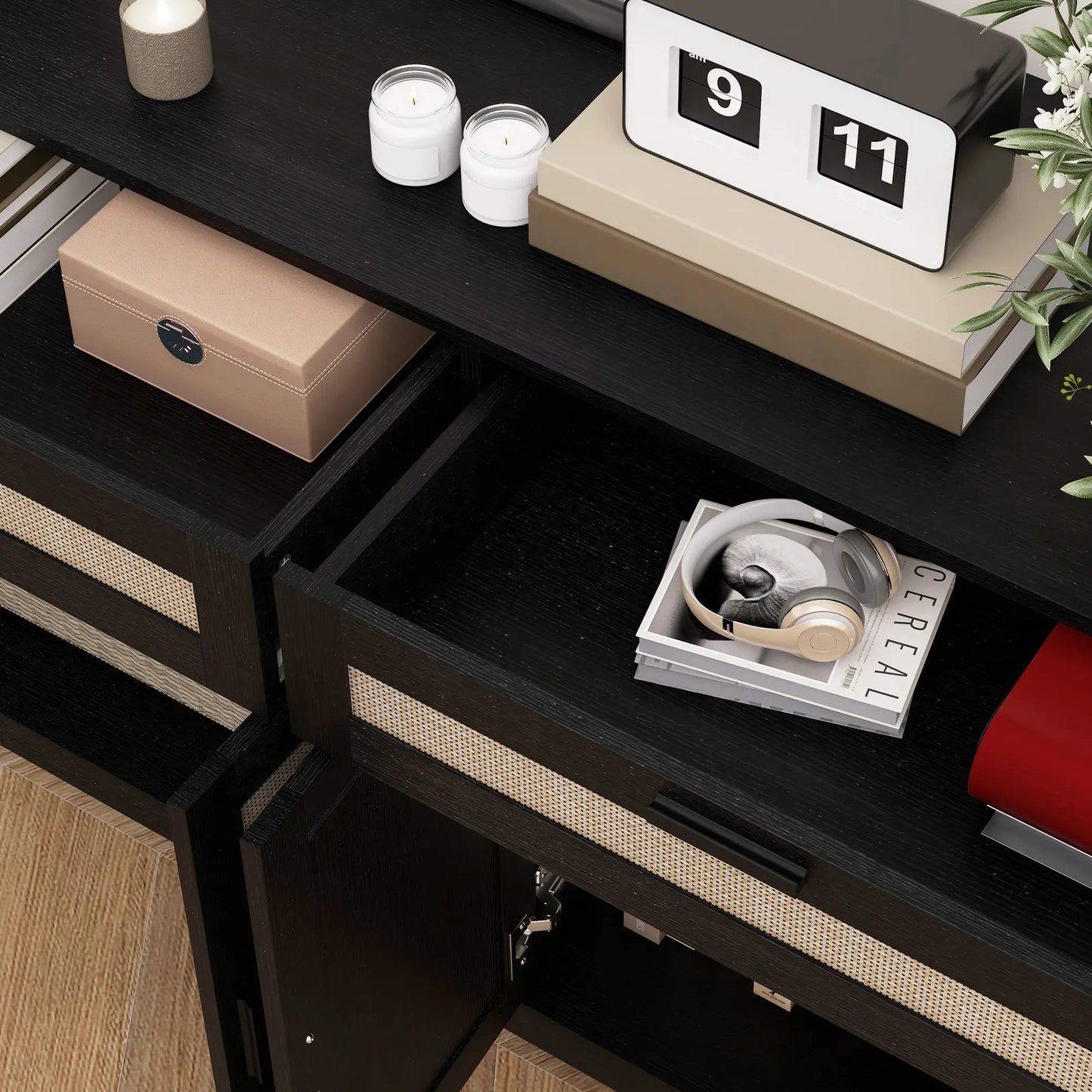 Boho Kitchen Sideboard Cabinet, Rattan Doors, Dining Room, Black Storage Cabinets at Gallery Canada