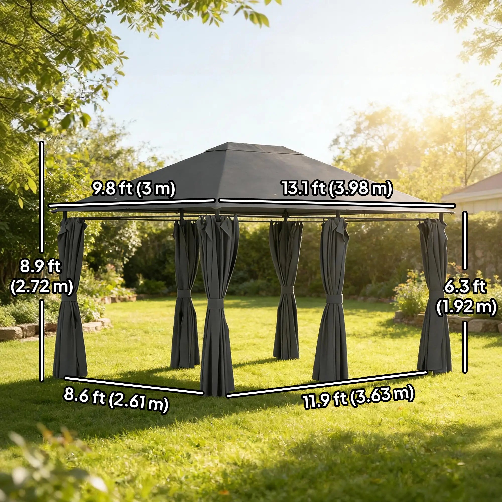 13'x10' Steel Patio Gazebo Canopy, 6 Removable Curtains, Dark Grey Gazebos at Gallery Canada