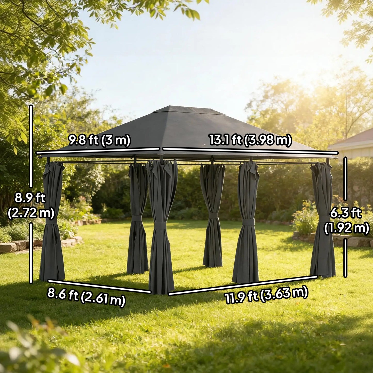 13'x10' Steel Patio Gazebo Canopy, 6 Removable Curtains, Dark Grey Gazebos at Gallery Canada