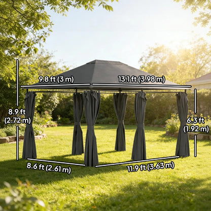 13'x10' Steel Patio Gazebo Canopy, 6 Removable Curtains, Dark Grey Gazebos at Gallery Canada