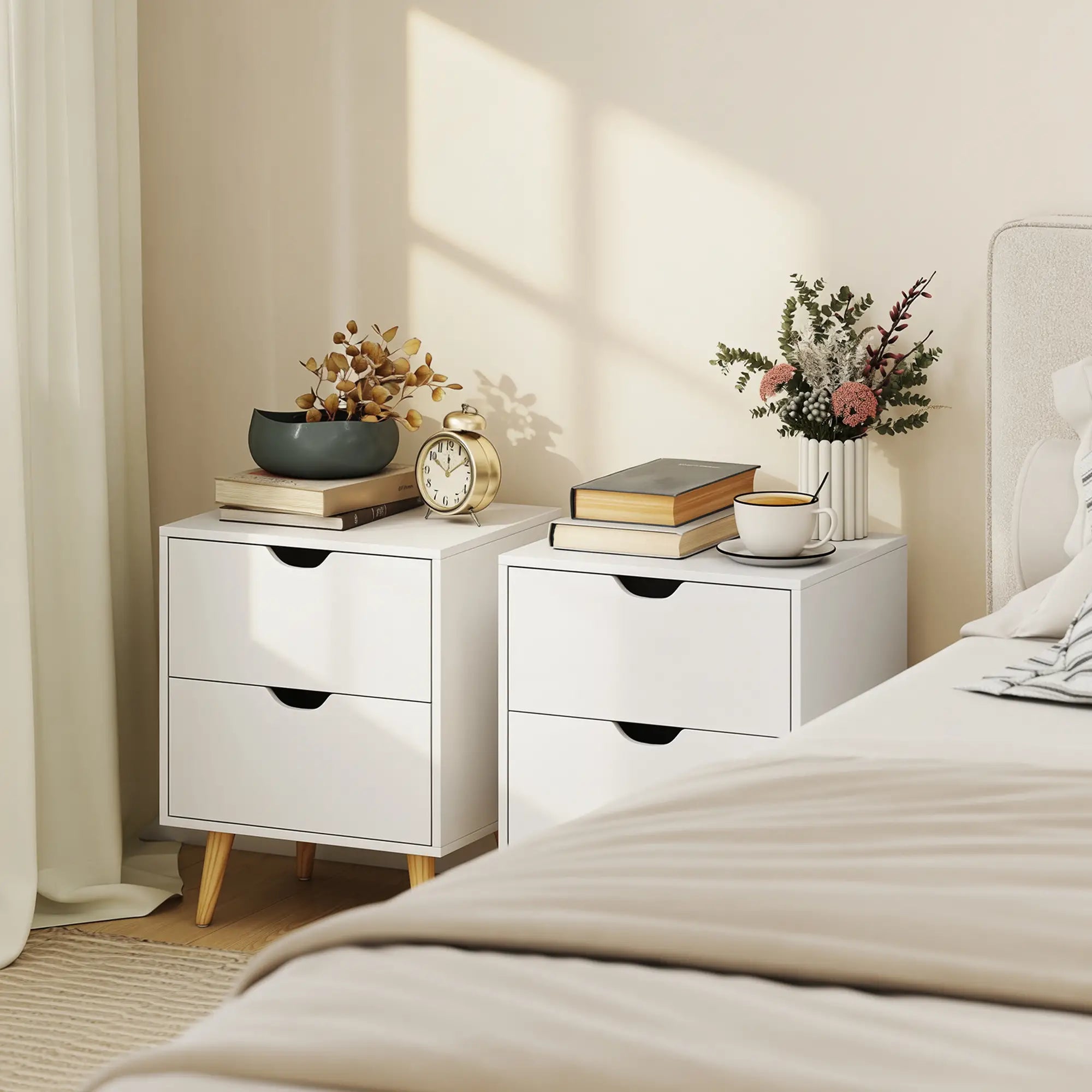 White Nightstand Set Of 2, 2 Drawers With Pine Wood Legs, White Bedside Tables at Gallery Canada