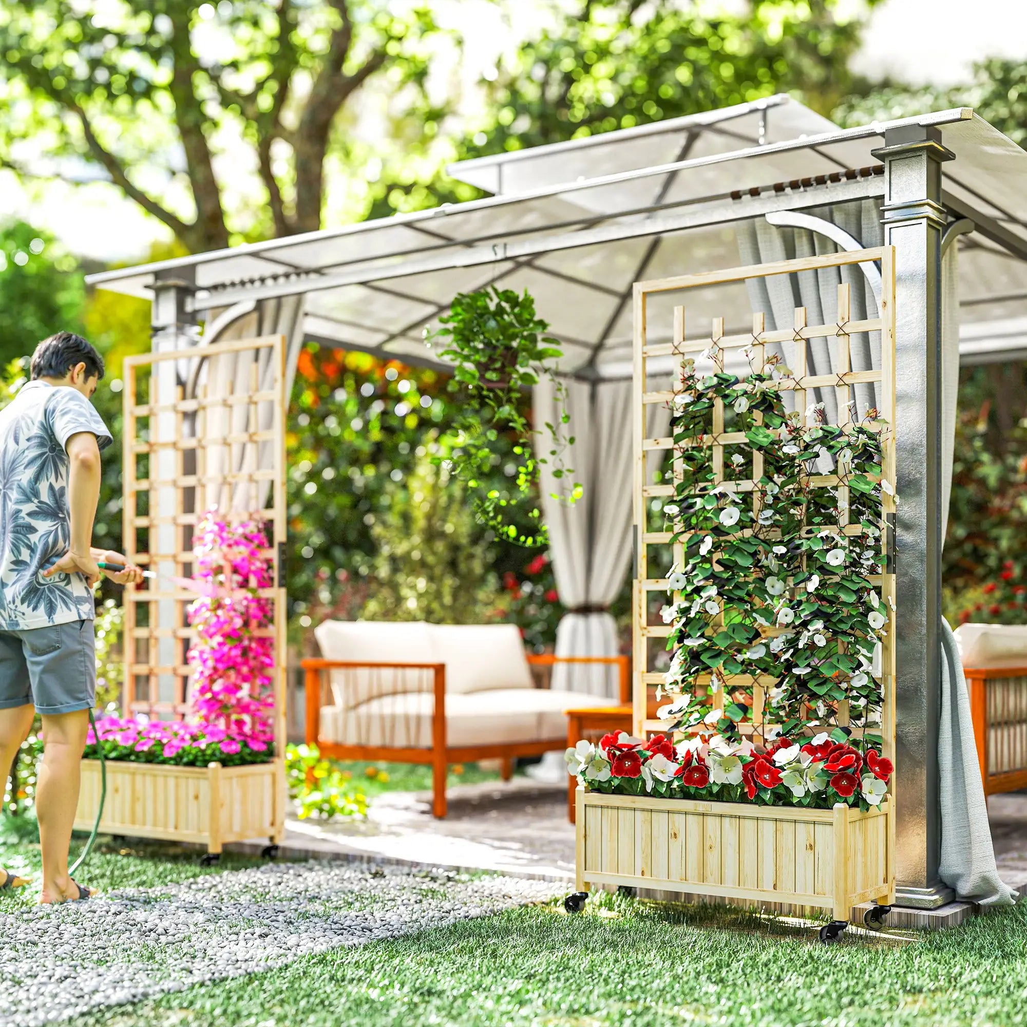 Wooden Planter With Trellis, Raised Garden Bed With Wheels, Drainage Holes Wooden Planter Boxes at Gallery Canada