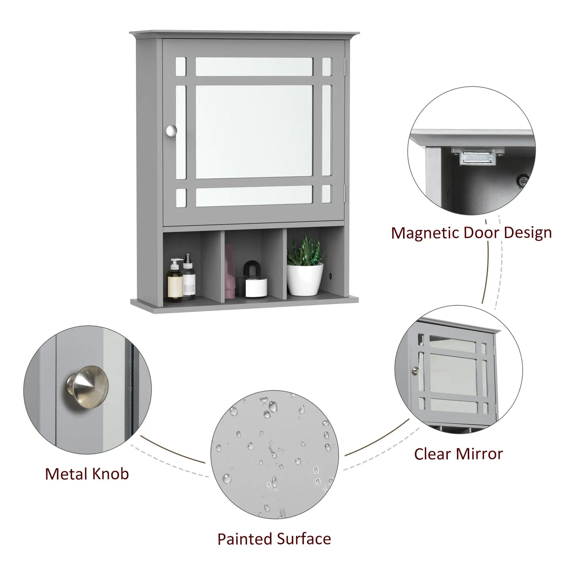 Wall Mount Bathroom Cabinet with Mirror Door, 3 Shelf Organizer, Grey Mirror Medicine Cabinets at Gallery Canada