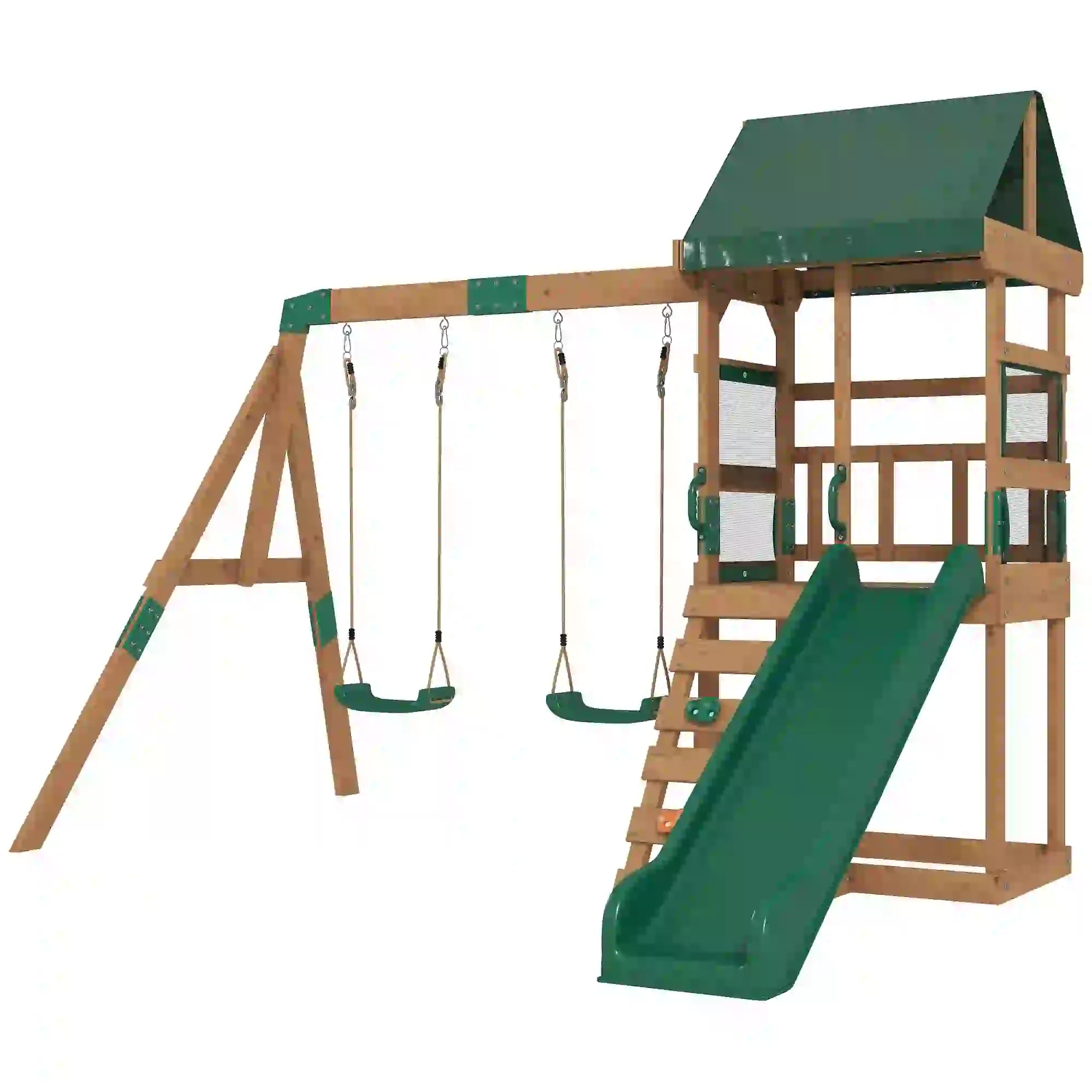 Wood Swing Set With Slide, 2 Swings, Rock Wall, Covered Deck Gym Sets & Swings Natural, Green at Gallery Canada