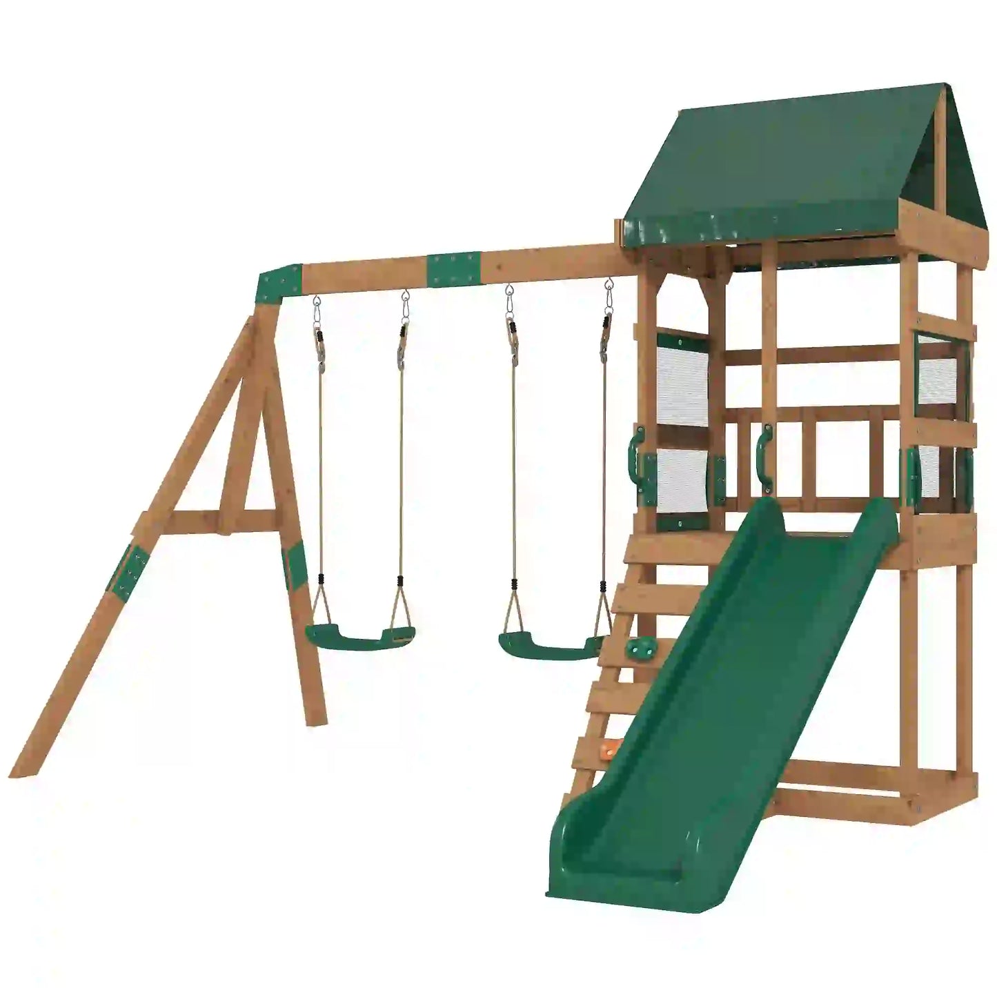 Wood Swing Set With Slide, 2 Swings, Rock Wall, Covered Deck Gym Sets & Swings Natural, Green at Gallery Canada