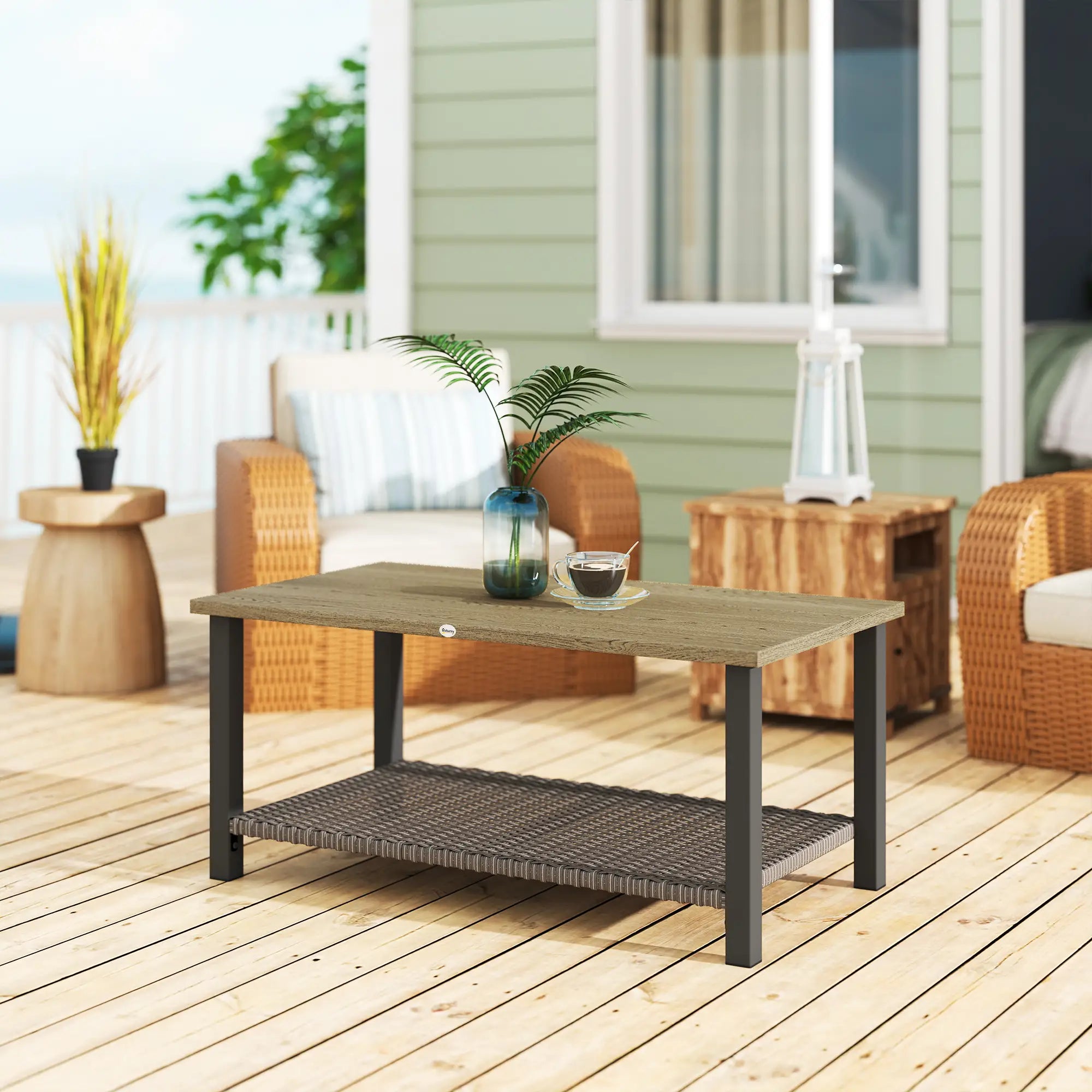 2-Tier Rectangle Outdoor Coffee Table, Wood-Effect Metal Top, Wicker Shelf, Brown Patio Side Tables at Gallery Canada
