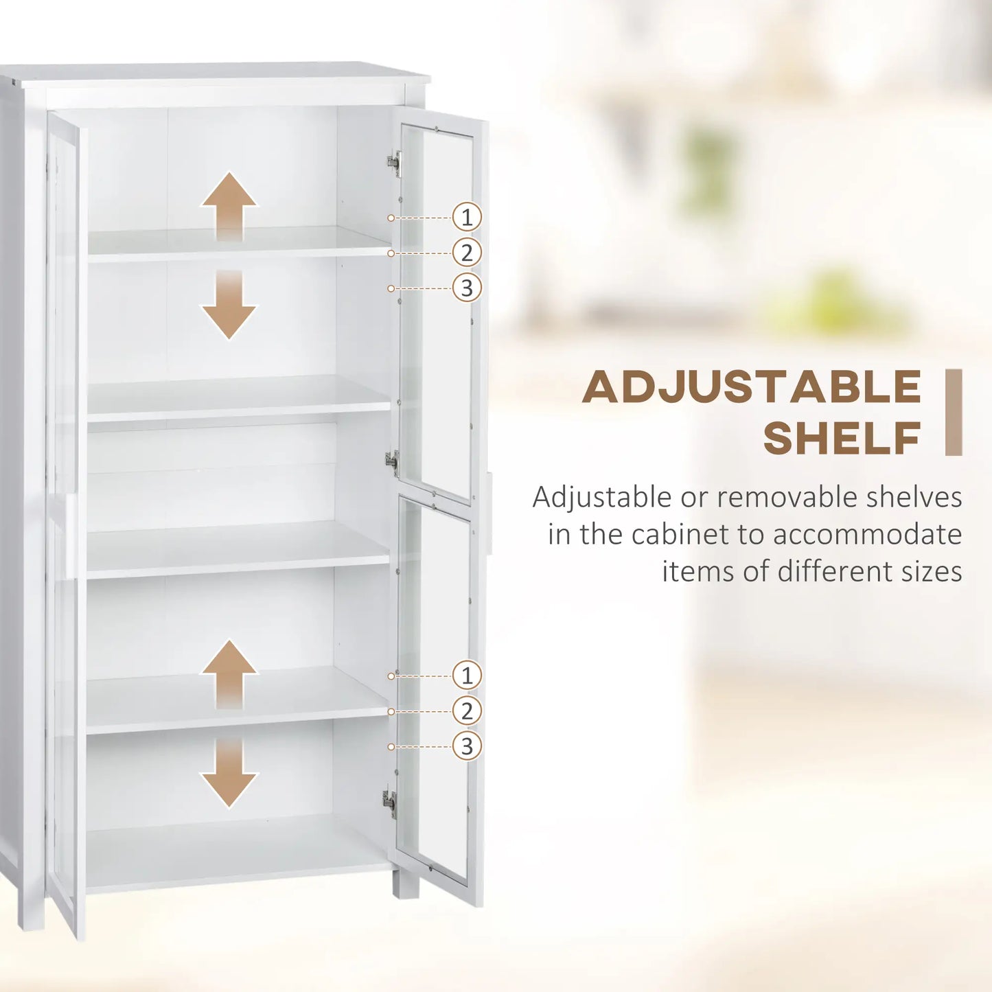 Freestanding Kitchen Pantry, 5-Tier Storage Cabinet, Adjustable Shelves, 2 Glass Doors, White