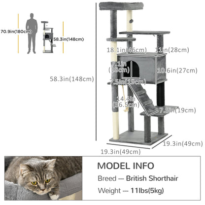 Cat Tree for Large Cats Adult, 58" Tall Cat Tree with Scratching Posts, Large Cat Tower for Indoor Cats with Bed, House, Toys, Grey - Gallery Canada