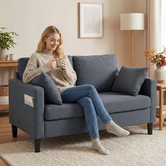 55" Loveseat Sofa, Modern Linen Upholstered, Dark Grey 2-Seater Sofas Dark Grey at Gallery Canada
