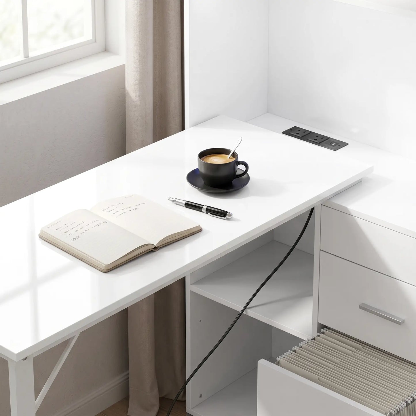 54" Computer Desk With Drawers, Power Outlets, LED Lights, White Computer Desks at Gallery Canada
