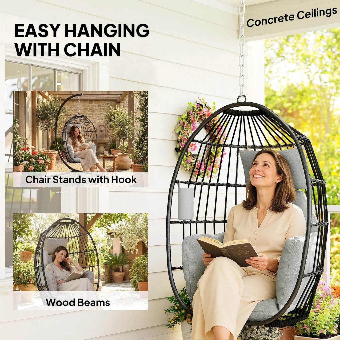 Foldable Hanging Egg Chair, With Head Pillow And Cup Holder, Dark Grey Hanging Porch Swings at Gallery Canada
