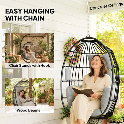 Foldable Hanging Egg Chair, With Head Pillow And Cup Holder, Dark Grey Hanging Porch Swings at Gallery Canada