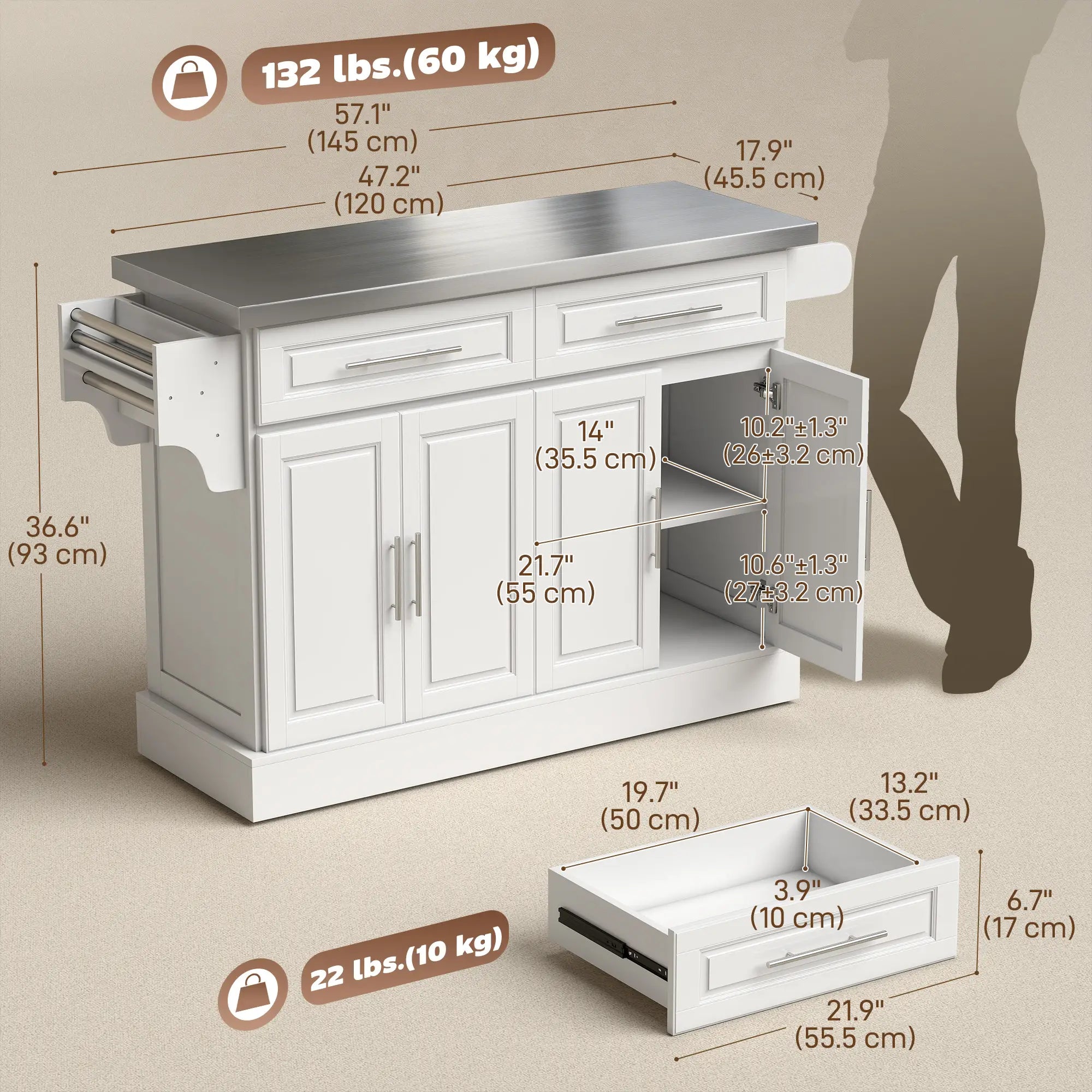 Rolling Kitchen Island with Storage, Stainless Steel Top, Drawers, Cabinets Kitchen Islands & Kitchen Carts at Gallery Canada