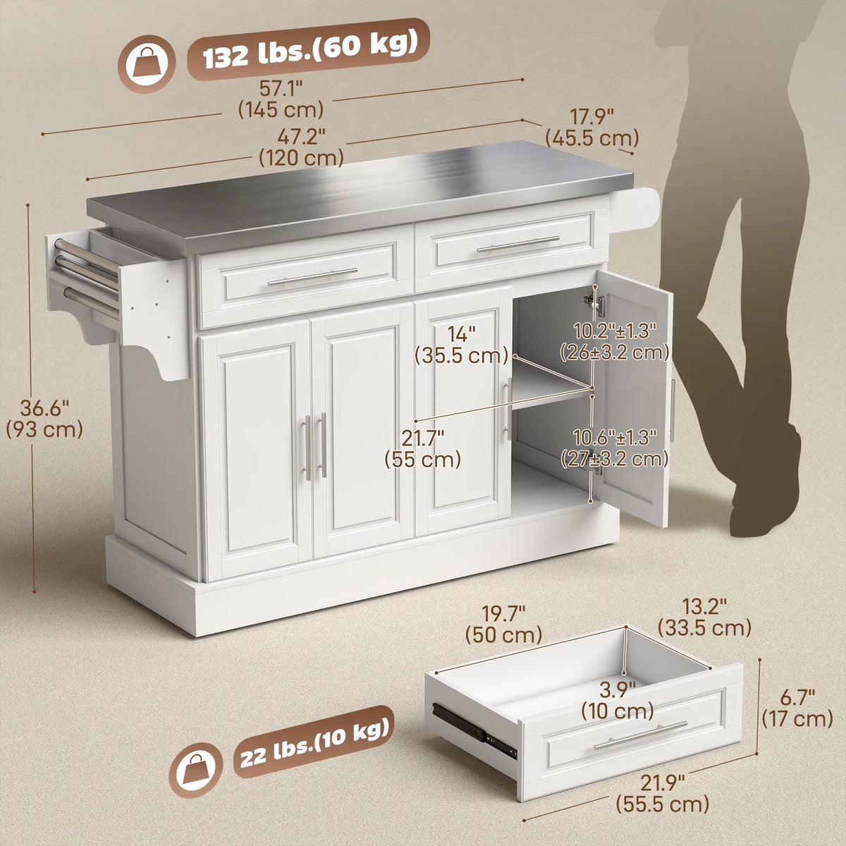 Rolling Kitchen Island with Storage, Stainless Steel Top, Drawers, Cabinets Kitchen Islands & Kitchen Carts at Gallery Canada