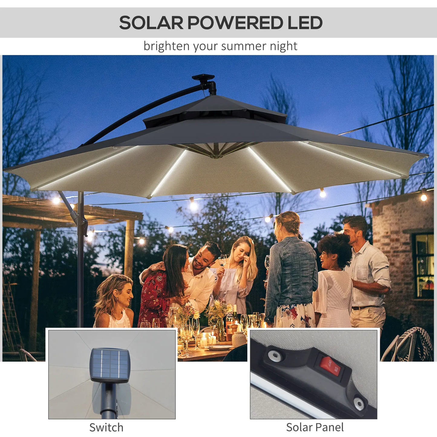 10FT Solar Powered Cantilever Patio Umbrella, Crank, Cross Base, Grey Cantilever Umbrellas at Gallery Canada