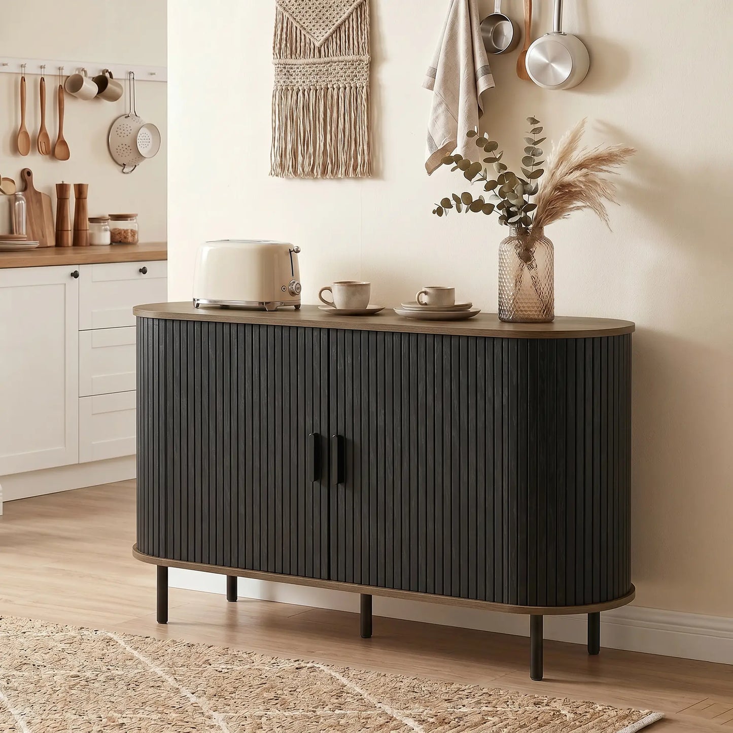 Fluted Sideboard Buffet Cabinet, 55", Black