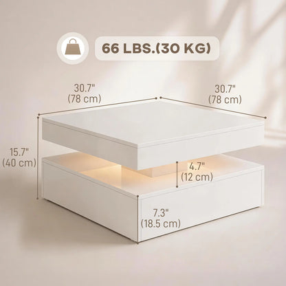 LED Coffee Table with Storage, 2-Tier Modern Center Table with Open Shelf and Remote for Living Room, High Gloss White