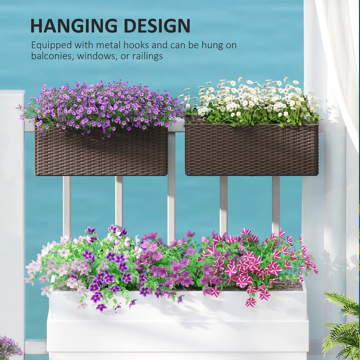 20 Inch Hanging Flower Pots, Railing Planter Box, Rattan Look, Brown Planter Set at Gallery Canada