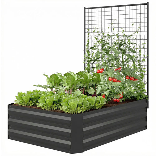 Galvanized Raised Garden Bed With Trellis, Open Bottom Planter Box, Black