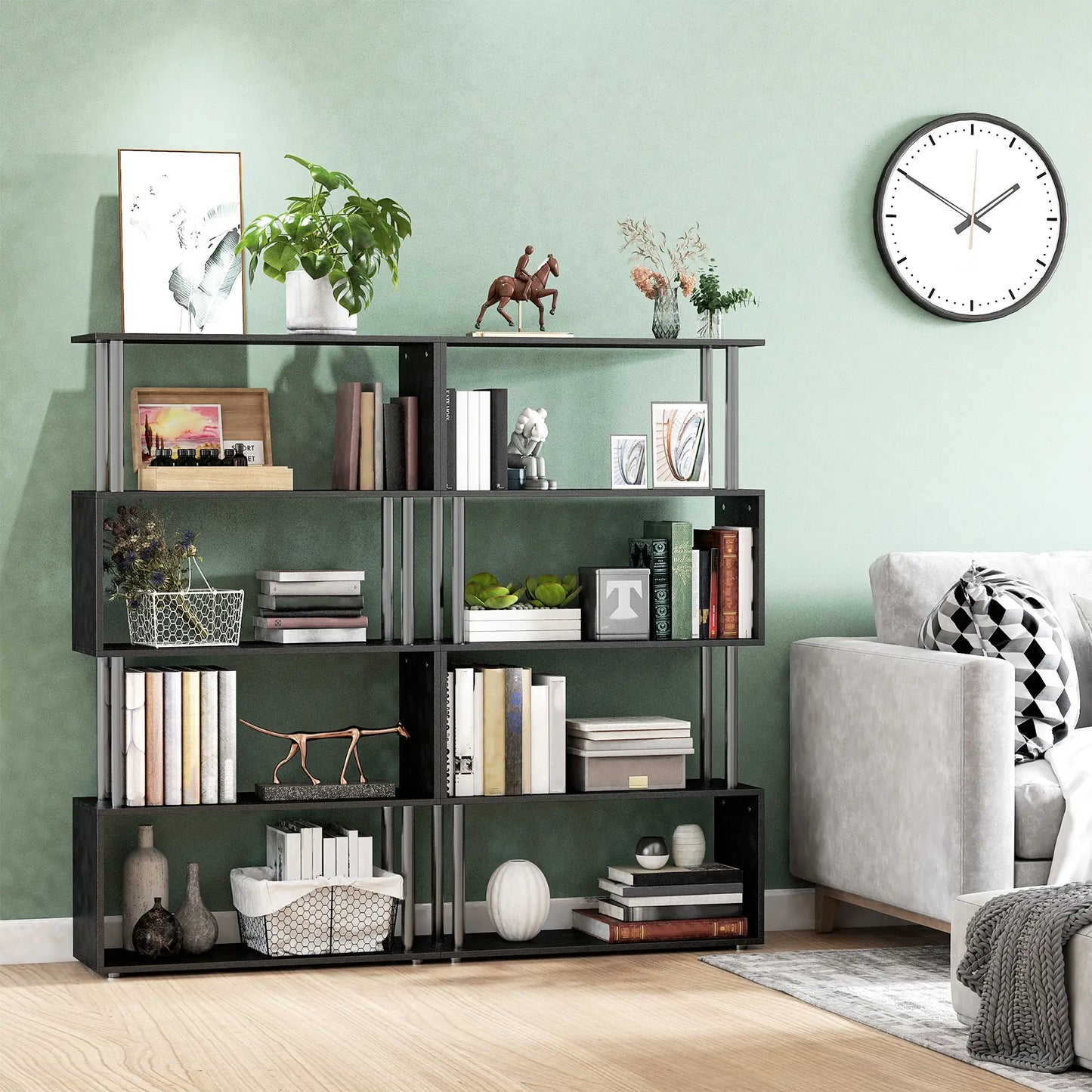 5-Tier Geometric Wooden Bookcase, S-Shaped Storage, Black Display Bookshelves at Gallery Canada