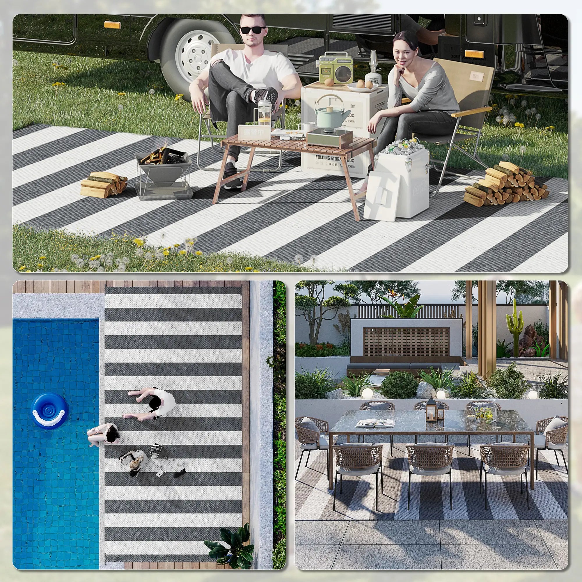 Reversible Outdoor RV Rug, Patio Floor Mat, 9' x 18', Grey & White Garden Decor at Gallery Canada