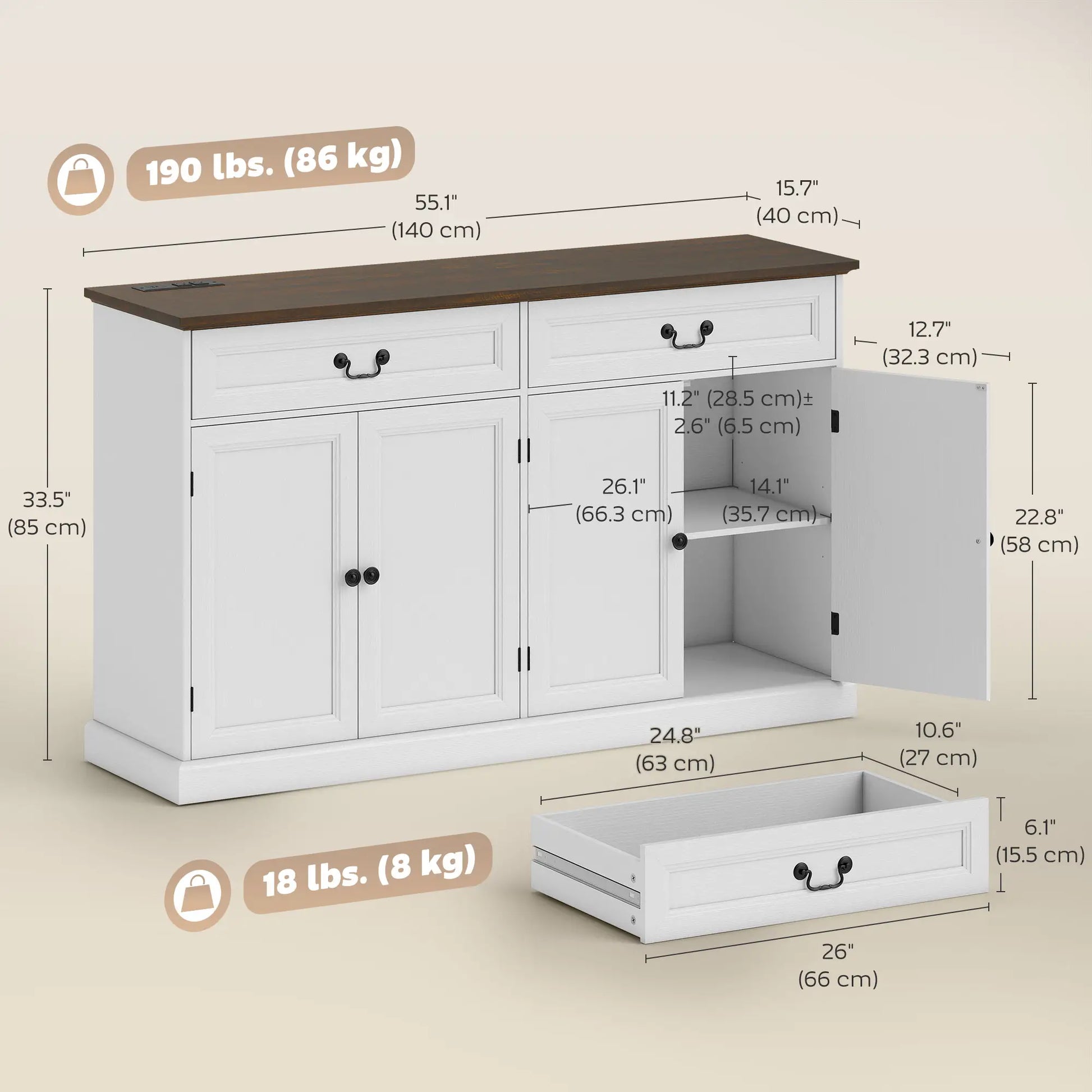 55" Buffet Cabinet, White Wood Grain, Charging Station, 2 Drawers, White Bar Cabinets at Gallery Canada