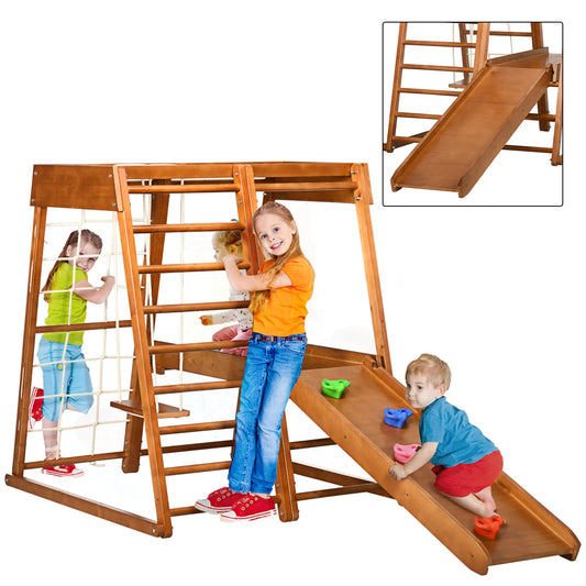 6-in-1 Kids Indoor Playground with Slide, Climbing Wall, Rope Climber, Monkey Bars, Swing, Ladder Toddler & Kids Step Stools Brown at Gallery Canada