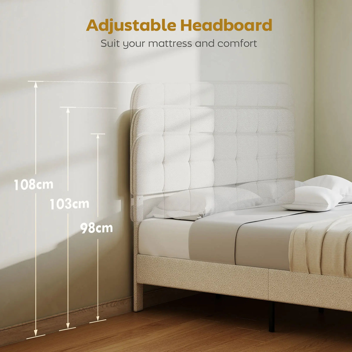 King Size Bed Frame, Adjustable Headboard, Upholstered Platform, White