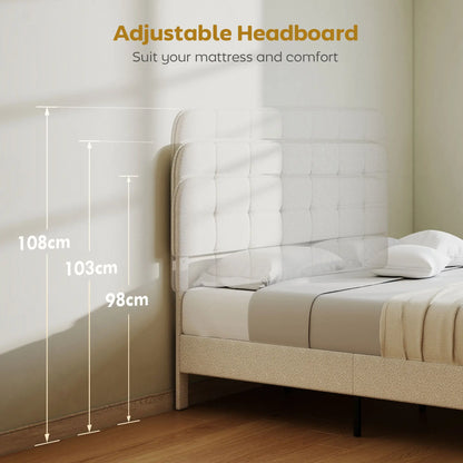 King Size Bed Frame, Adjustable Headboard, Upholstered Platform, White