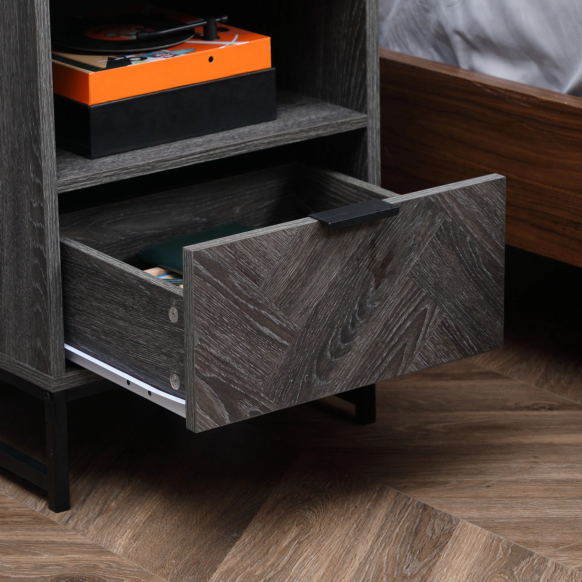 Modern Bedside Table with Drawer, Open Shelf, Dark Grey Bedside Tables at Gallery Canada