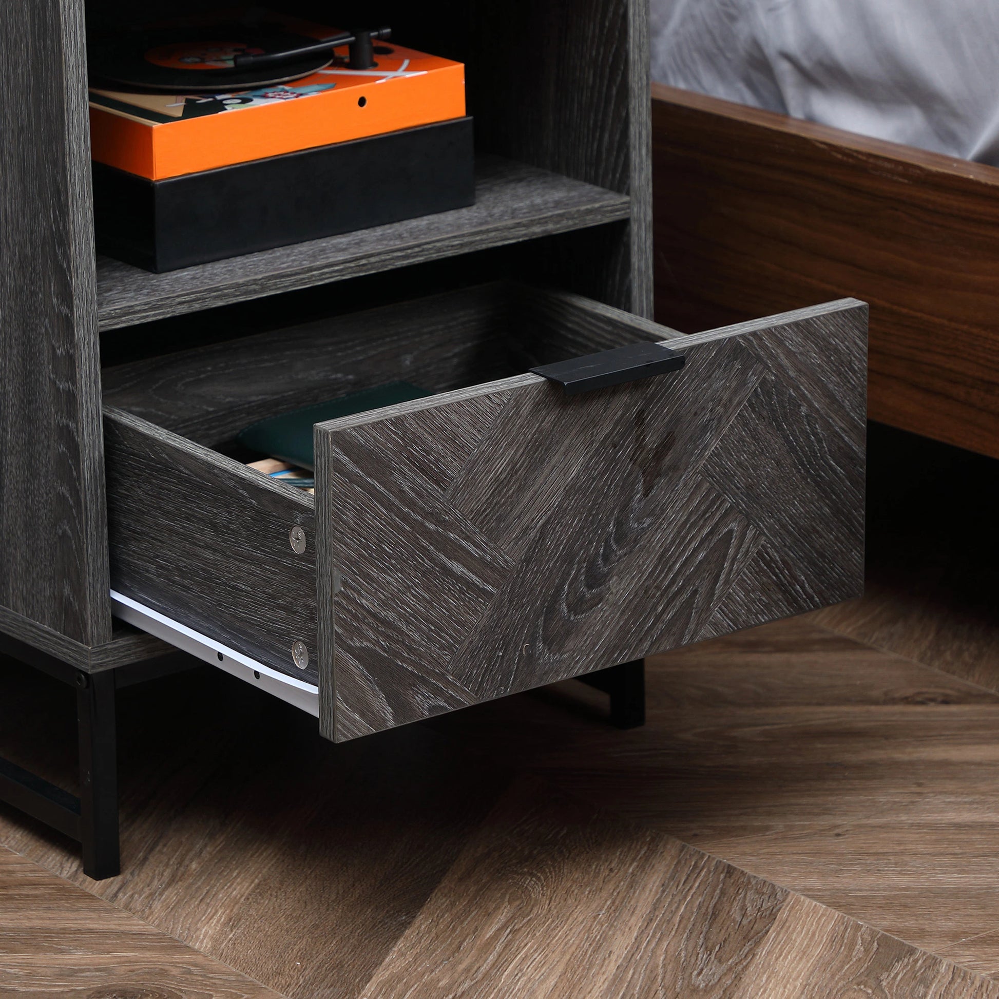 Modern Bedside Table with Drawer, Open Shelf, Dark Grey Bedside Tables at Gallery Canada