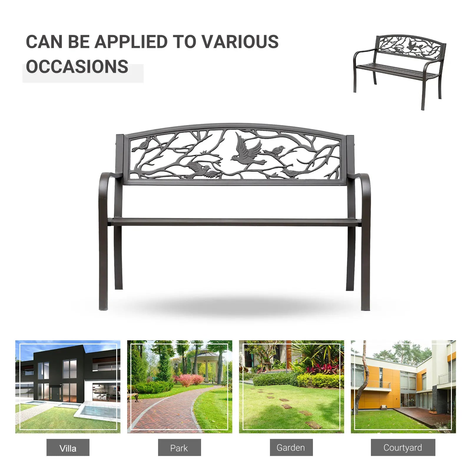 50 Garden Bench, Outdoor Loveseat, Vintage Bird Pattern, Cast Metal, Brown Outdoor Benches at Gallery Canada