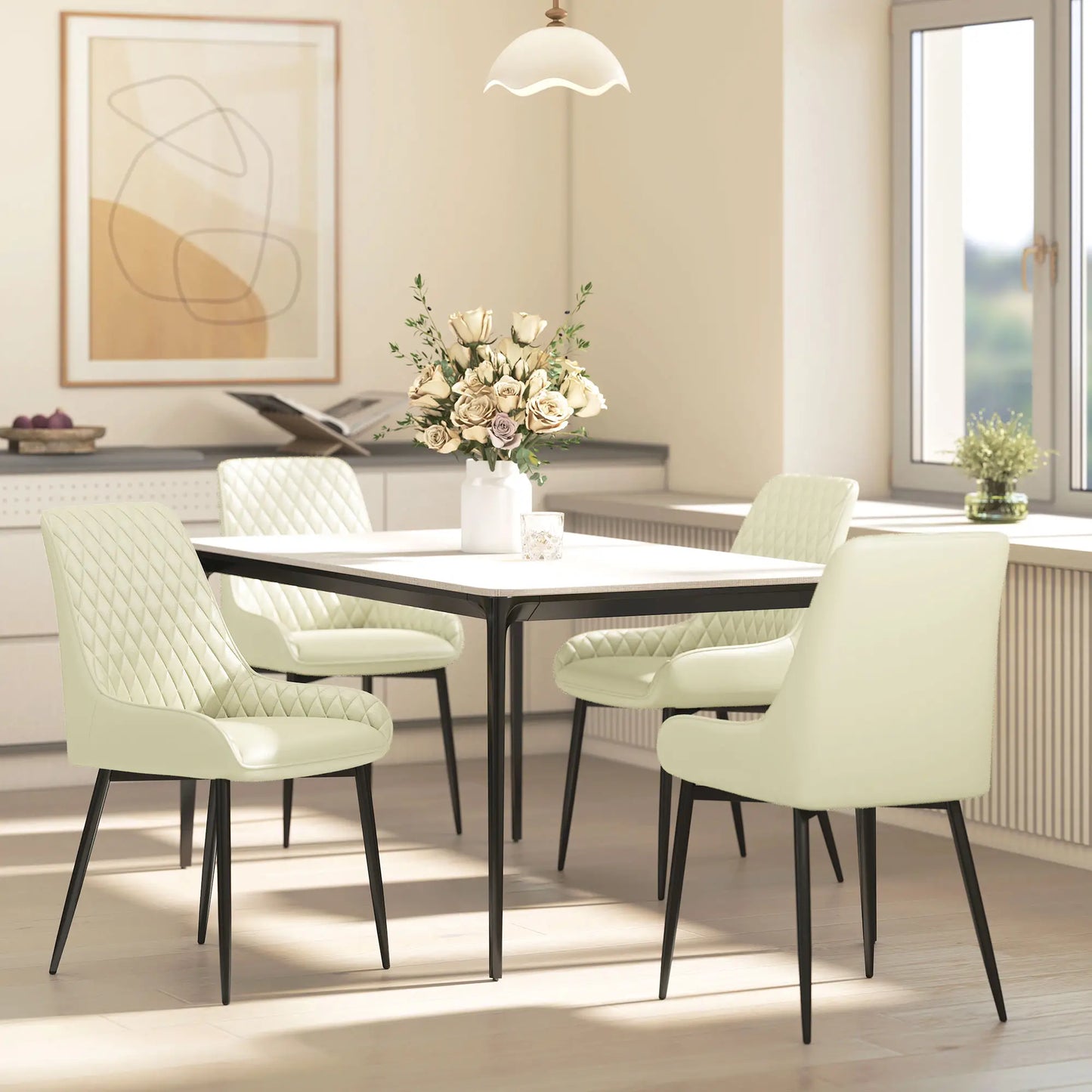 Modern Upholstered Dining Chairs, Set of 4, Diamond Tufting, Steel Legs, Cream Dining Chairs at Gallery Canada