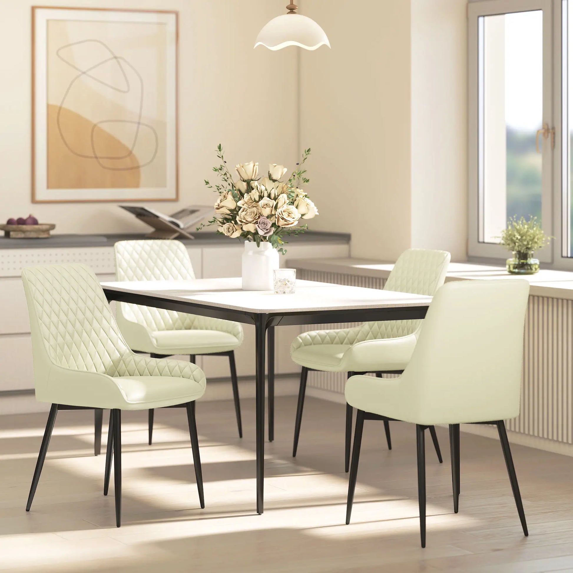 Modern Upholstered Dining Chairs, Set of 4, Diamond Tufting, Steel Legs, Cream Dining Chairs at Gallery Canada