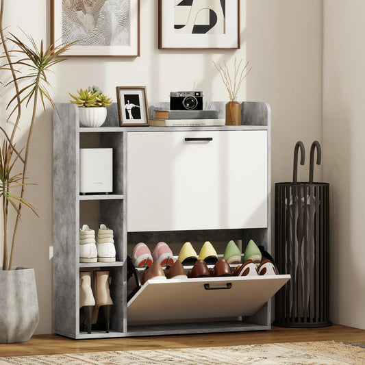 Shoe Cabinet with 2 Flip Drawers, 3 Side Compartments, Adjustable Shelves, 8-12 Pairs for Entryway Hallway, Grey Shoe Storage Cabinets & Racks Concrete Grey and White at Gallery Canada