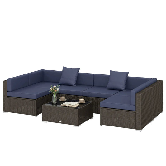 7pc Garden Wicker Sectional Set, Patio Rattan Lounge Sofa, Navy Blue Patio Furniture Sets Deep Coffee, Navy Blue Fabric at Gallery Canada
