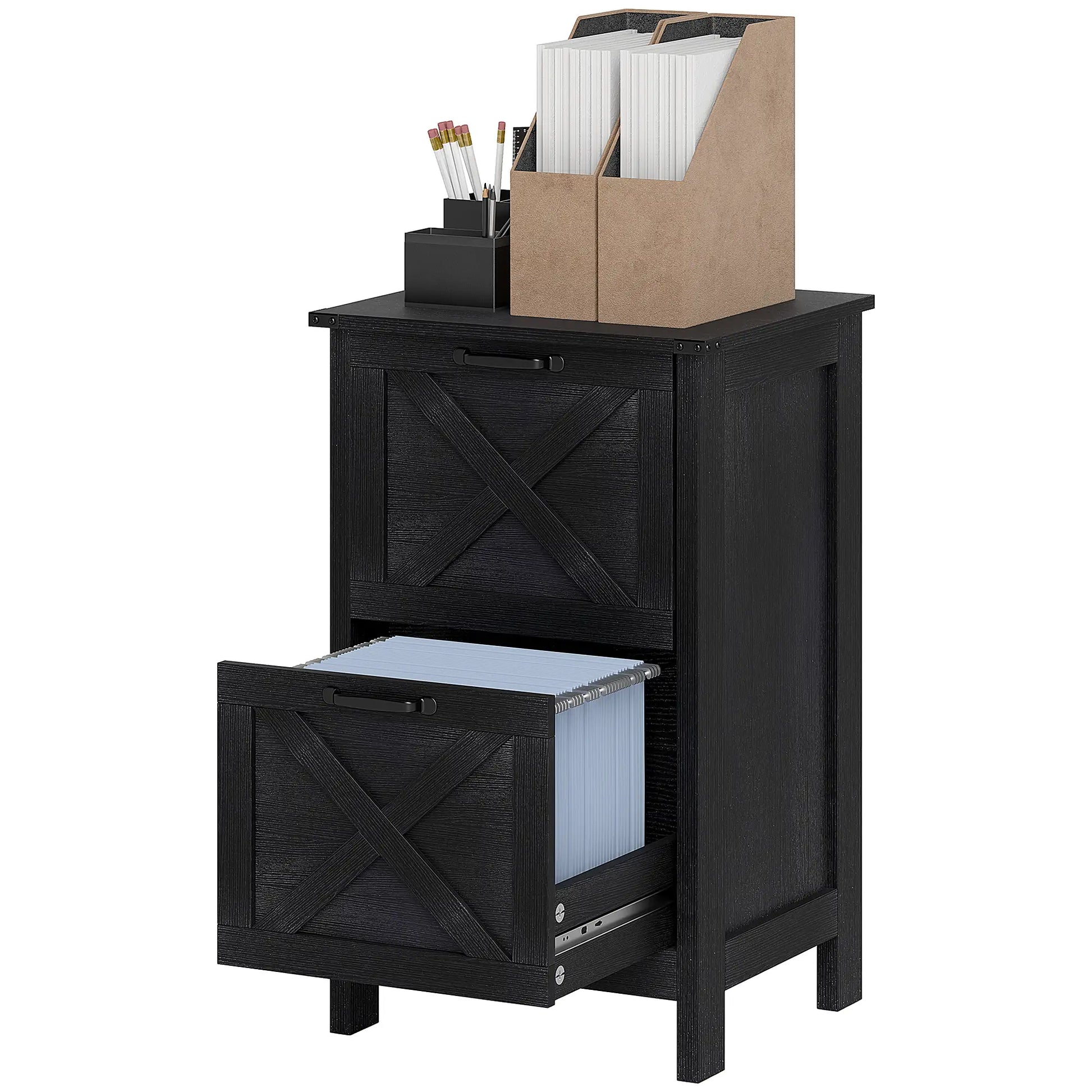Vertical 2-Drawer Filing Cabinet, Rustic Farmhouse, A4 Letter Size, Distressed Black, Black Office Cabinets & Cupboards Distressed Black at Gallery Canada