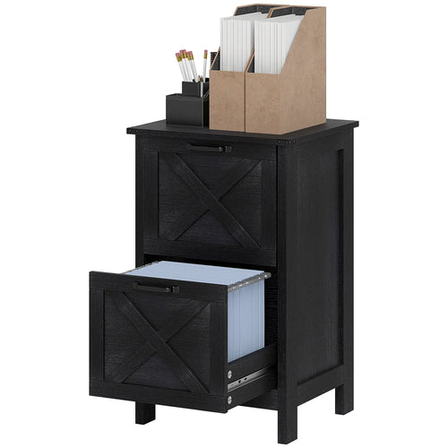 Vertical 2-Drawer Filing Cabinet, Rustic Farmhouse, A4 Letter Size, Distressed Black, Black