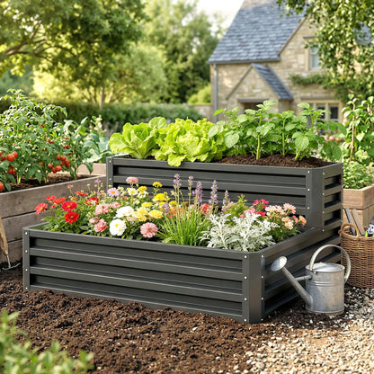 2 Tier Raised Garden Bed, 47" x 40" x 23", Galvanized Steel, Dark Grey Galvanized Planter Boxes at Gallery Canada