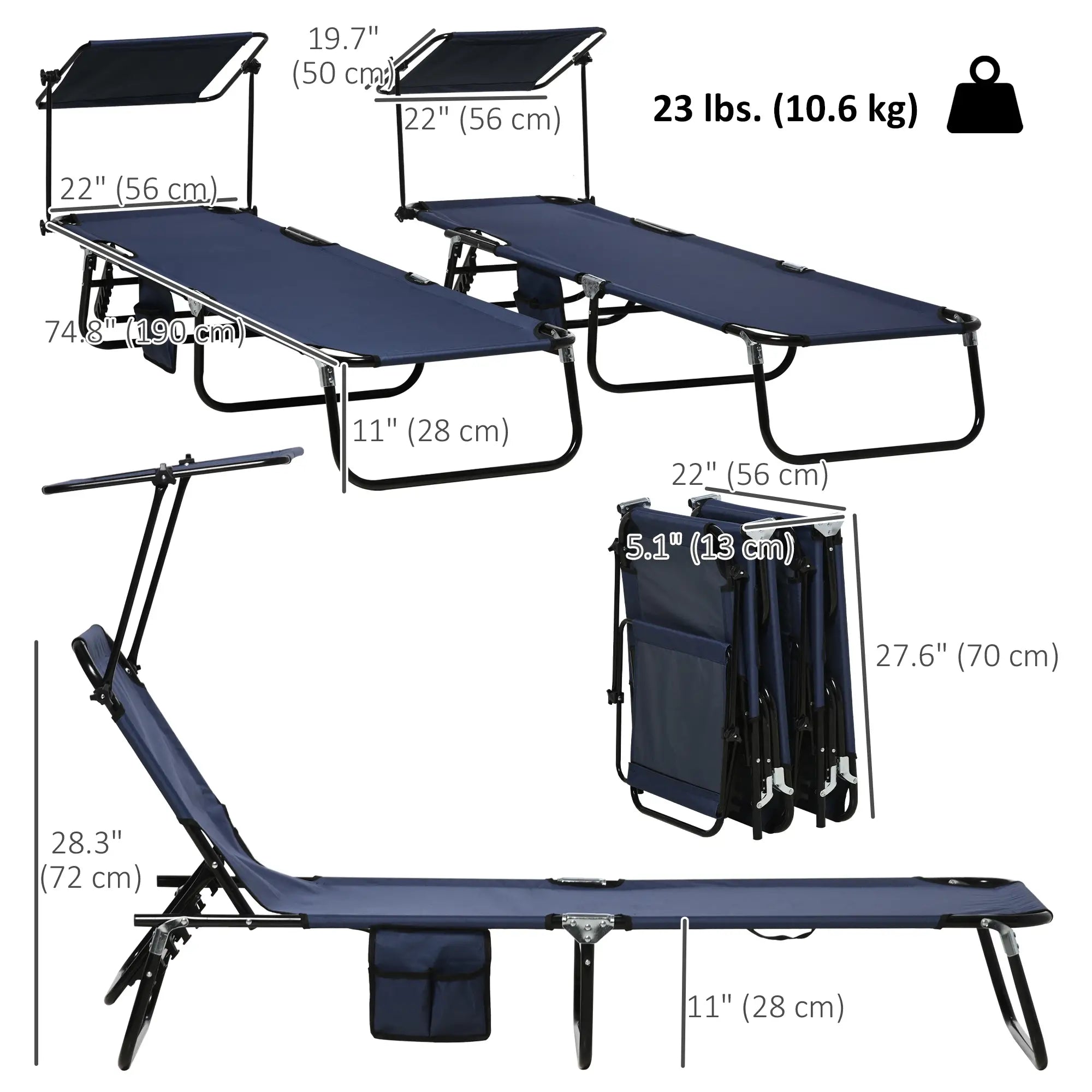 2 Piece Folding Chaise Lounges, Reclining Back, Sunshade, Blue Lounger Chairs at Gallery Canada